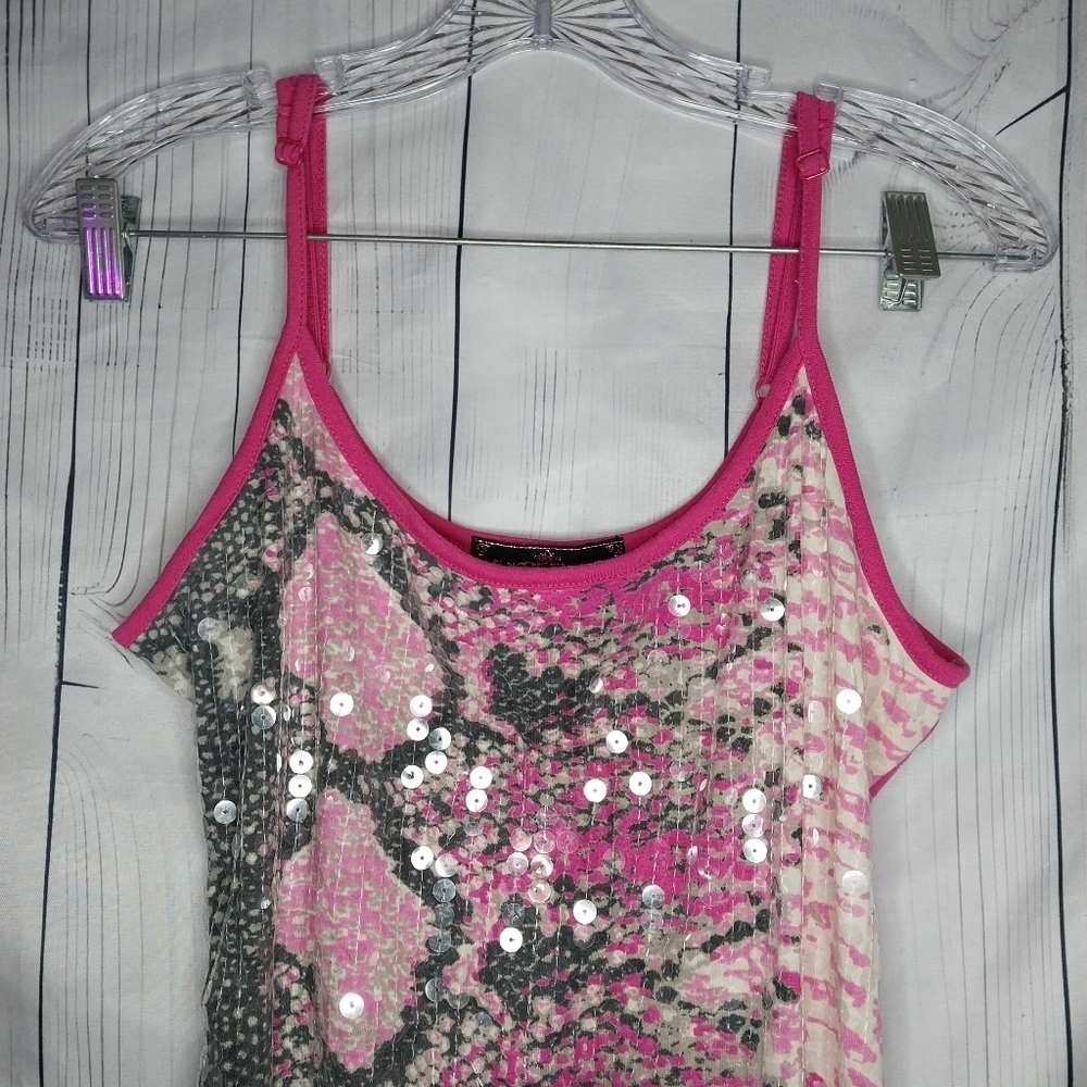 Almost Famous Pink and Silver Sequin Snakeskin Print Y2K Spaghetti Strap Top - Picture 3 of 8